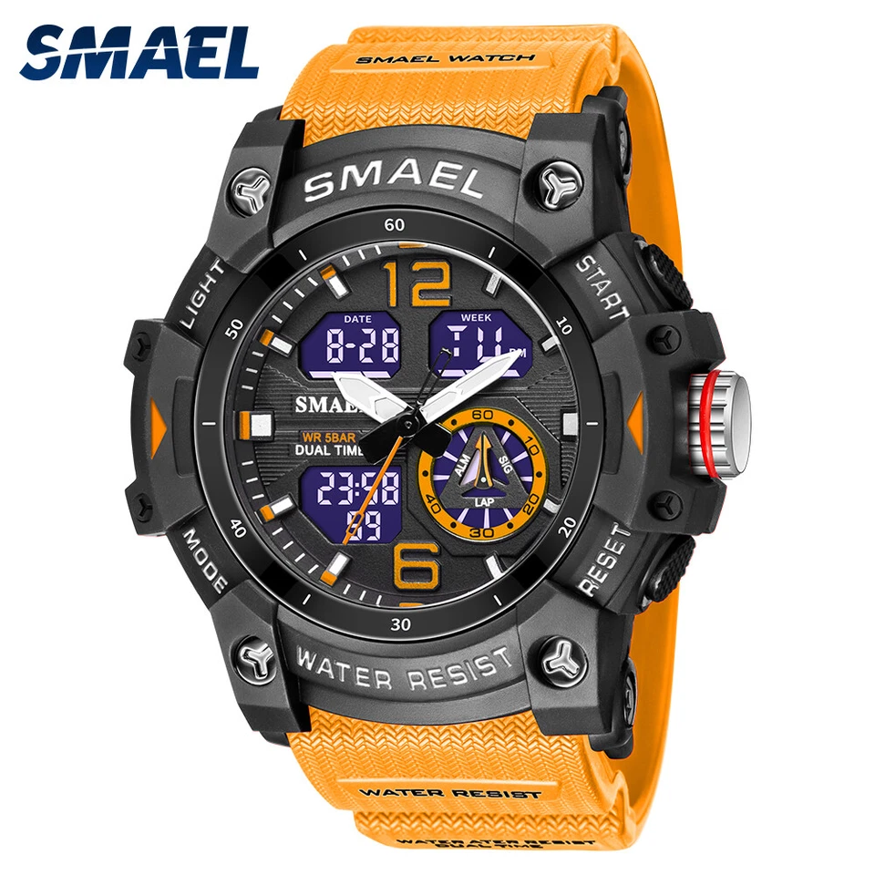 Digital Watch Military/Sport US Seller By SMAEL Model #8007 Blk/Orange