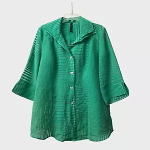 IC By Connie K Top Womens XL Green Striped See Through Button Front Bamboo Blend - Picture 1 of 15