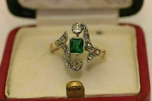 Vintage Art Deco Ring 14K Yellow Gold Plated Silver 2.2 Ct Created Emerald - Picture 1 of 6