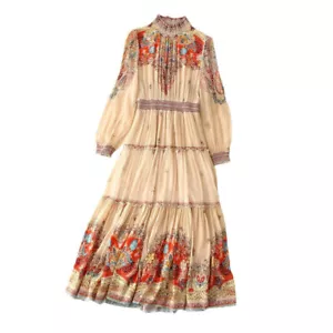 Spring Women Loose Pure Silk Dress Floral Printed Stand Collar Long Sleeve Skirt - Picture 1 of 13