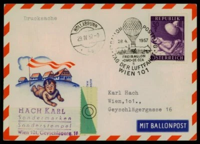 ÖSTERREICH BALLONPOST 1957 WIEN-HOLLABRUNN AVIATION LUFTFAHRT BALLON ii40 - Bild 1 von 2