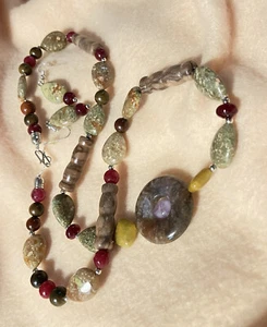 Necklace Set Unikite Obsidian Garnet Jasper Wood Stainless Beads 24” CNM Design - Picture 1 of 12