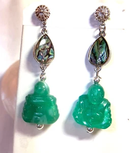 Echte Abalone und figural grüne Buddha lange Ohrringe ungewöhnliche Mischung neu mit Etikett - Bild 1 von 4