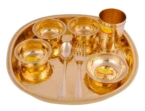 Brass Dinner Thali Set - 8 Pieces Hammered Design Dinnerware - Picture 1 of 4