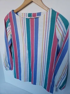 Vintage Candy Striped Top Single Stitch Slit Sides Multicolored 80s Medium Long - Picture 1 of 5