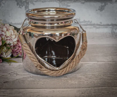 Silver Tea Light Heart Candle Holder Lantern With Rope Handle Home Decor 10cm - Image 1 of 4
