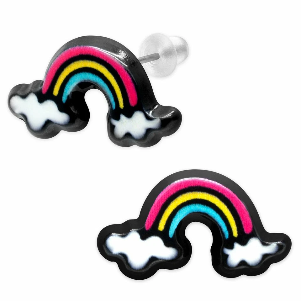 1 Paar niedliche Ohrstecker Regenbogen in den Wolken Ohrring rot gelb blau weiß  - Bild 1 von 1