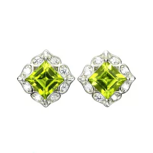 Unheated Square Green Peridot 6mm Simulated Cz 925 Sterling Silver Earrings - Picture 1 of 10