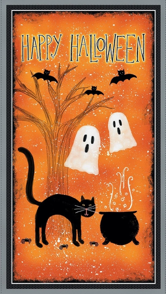 Painel de tecido 23" - Wilmington Halloween vibrações assustadoras gato cena fantasma laranja - Imagem 1 de 1