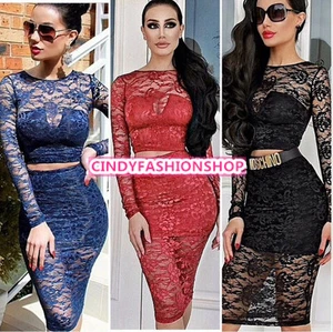 Nuevo Sexy 2 piezas Mujer Transparente Encaje ceñido al cuerpo Prenda para el torso recortada Falda Club Fiesta Cóctel Vestido - Imagen 1 de 15