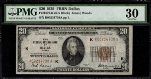 1929 $20 Federal Reserve Bank Note - Dallas - FR.1870-K - Graded PMG 30 - Picture 1 of 2