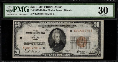 1929 $20 Federal Reserve Bank Note - Dallas - FR.1870-K - Graded PMG 30 - Image 1 of 2