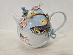 Pier 1 Hand Painted Porcelain 3D Decorative Teapot Birds Flowers 7” FREE SHIP - Picture 1 of 11