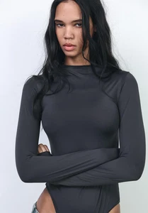 new ZARA women's Long Sleeve Basic BODYSUIT sz S gray romper leotard zip back - Picture 1 of 8