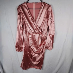 Yajedo Satin V-Neck Dress Size XL Pink Party/Cocktail Long Sleeve New - Picture 1 of 6