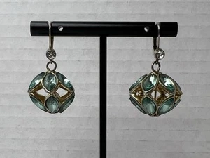 Orecchini Vintage Floreale Acquamarina Verde Blu Colore Pendente 1 1/2” Goccia Palla Tono Oro - Foto 1 di 10