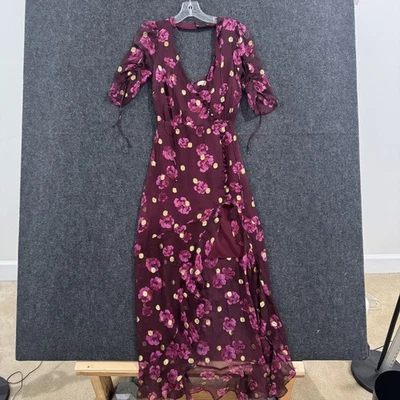 For Love & Lemons Stella Dress Womens Extra Small Burgundy Floral Silk Ruffle - Image 1 of 4