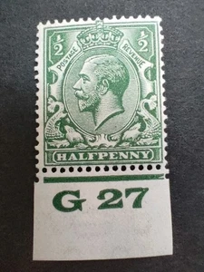 GB KGV 1924-26 1/2d Green. SG418. Control number G27. Mounted Mint. - Picture 1 of 2