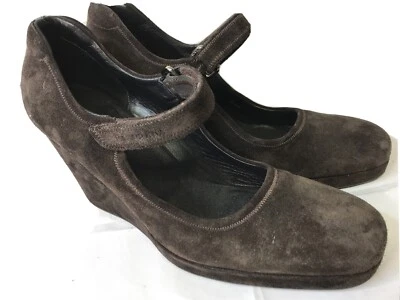 Authentic Prada Dark Brown Suede Platform Maryjane Wedge Women's Shoes Size 39.5 - Image 1 of 4