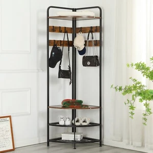 Corner Hall Tree with Shoe Bench Entryway Coat Rack with 10 Metal Movable Hooks - Picture 1 of 8