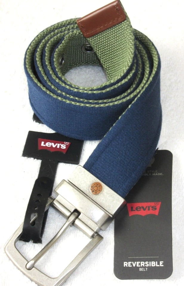 Levi's 男式双面帆布腰带海军蓝橄榄绿色金属标志扣全新带标签 — 第 1/4 张图片