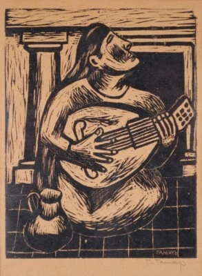 Woman with Mandolin Art Print – Rufino Tamayo Expressionist Woodcut 1943 - Image 1 of 2