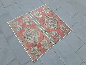 Turkish Rug, Twin Vintage  Rug, Small Rug, Doormat Rug, Oushak Rug, 1.7 x 3.2 ft - Picture 1 of 20