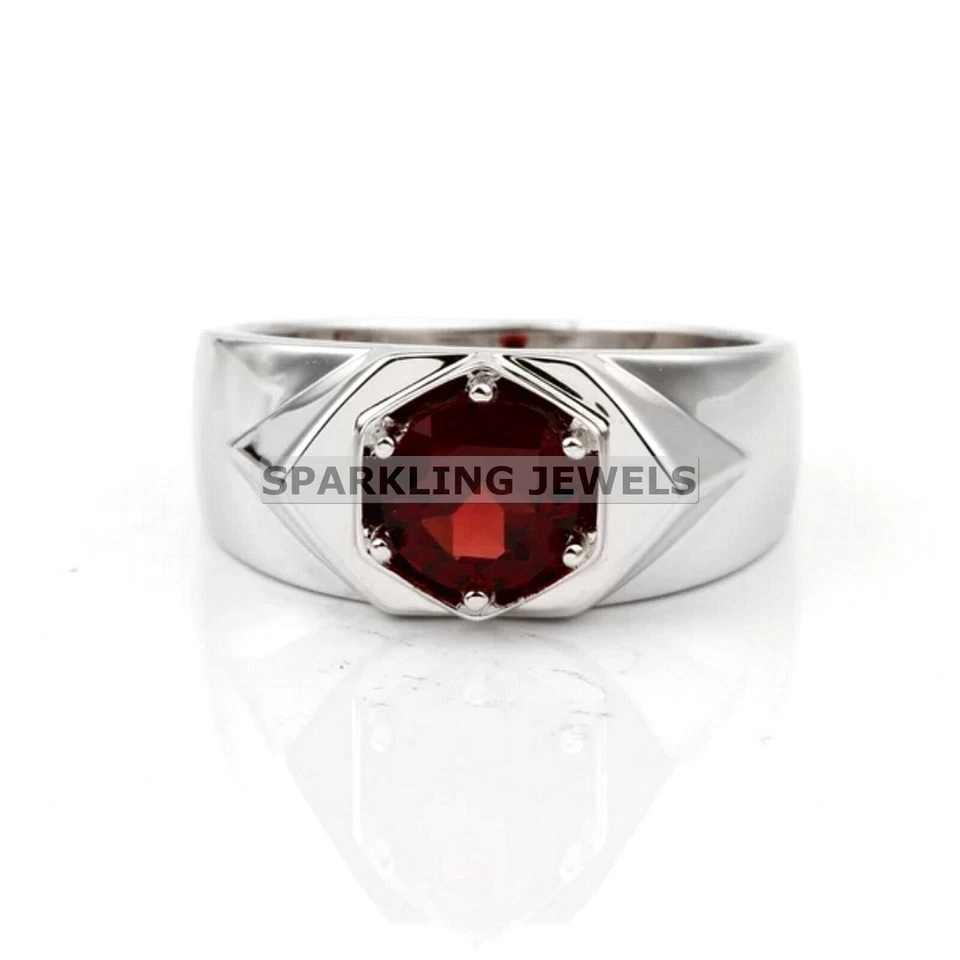 Granate calibrado corte redondo con anillo de plata de ley 925 para hombre #C249 Foto 1 de 4