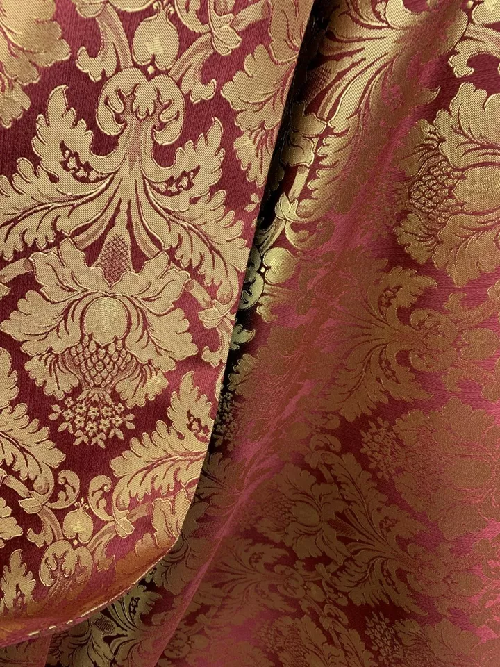 BURGUNDY GOLD Damask Jacquard Brocade Flower Floral Fabric (110 in.) Sold BTY - Image 1 of 4