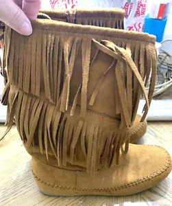 Mädchen Gr-5 Mokassin Stiefel Fransen Schlamm Kunstleder Schuhe dunkelbraun Quasten braun - Bild 1 von 9