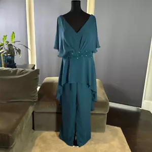 Women’s Blue 2 Piece Chiffon Formal Wedding Pantsuit Zip Up Back Size 16 - Picture 1 of 15