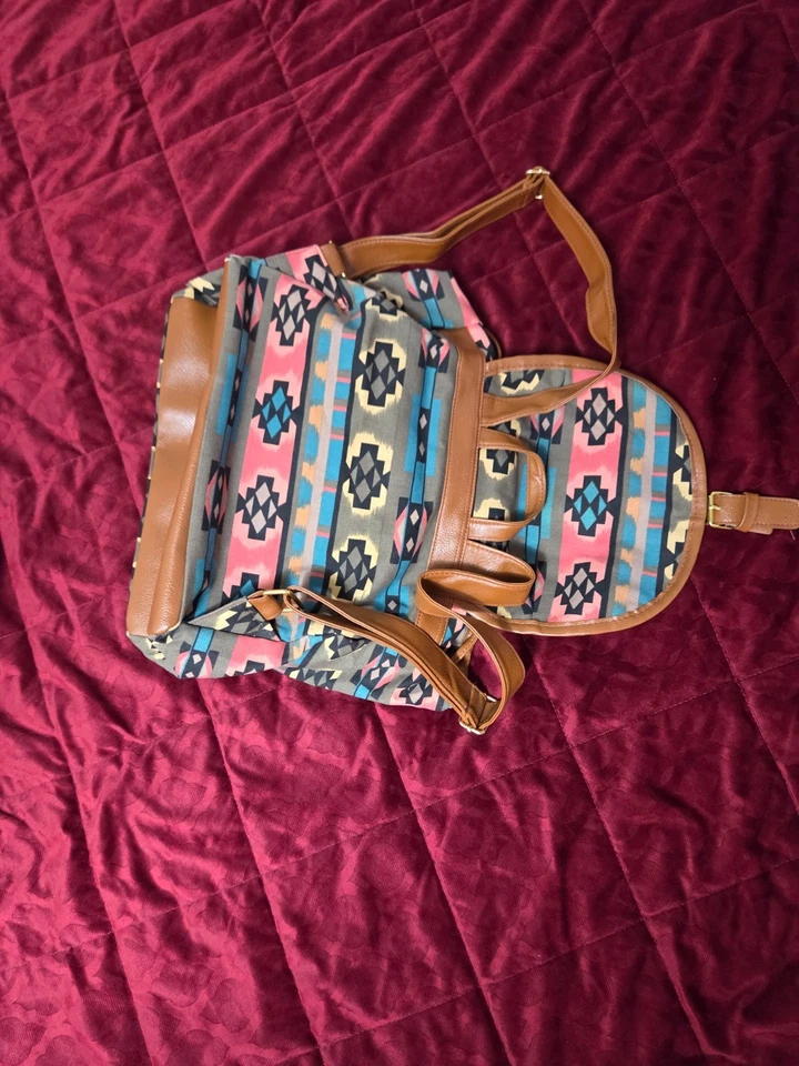 Boho Aztec Print Backpack for Women with Drawstring Top and Snap Front Closure - Image 1 of 4