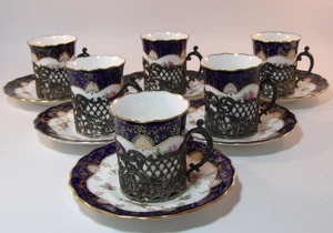 6 Coalport 5205 Demitasse Coffee Cups & Saucers In Sterling Silver Sleeves c1909 - Picture 1 of 19