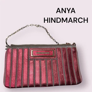 ANYA HINDMARCH Metallic Pink & Gray Leather Clutch Bag Chain Strap Elegant Desi - Picture 1 of 24