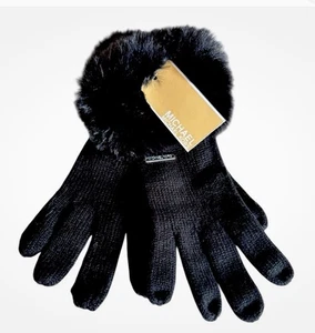 Guantes tejidos de piel sintética Michael Kors $78 NEGROS con logotipo plateado * Difíciles de encontrar - Imagen 1 de 7