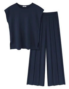Lounge Sets for Women Two Piece Outfits Knit Cap Sleeve Tops Wide Leg Pleated... - Picture 1 of 6