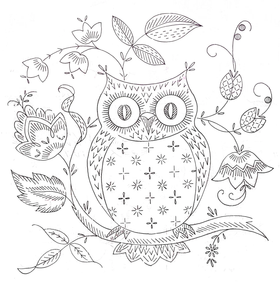 Vintage Embroidery Transfer Iron On - Large Owl Wild Bird Tree Flower 25 x 25 cm - Image 1 of 1