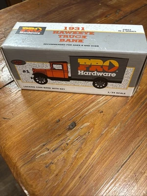 VINTAGE~~1993 ERTL 1931 Hawkeye Pro Hardware Truck COIN Bank w/ Key - Image 1 of 4