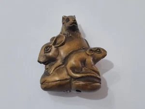 19th Century Japanese Carved Wood Netsuke of Three Sitting Mice - Artist Signed - Picture 1 of 18
