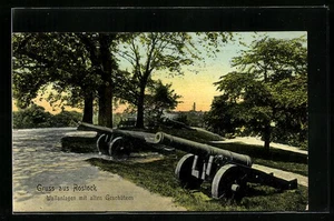 Ansichtskarte Rostock, Alte Geschütze auf den Wallanlagen 1909 - Picture 1 of 2