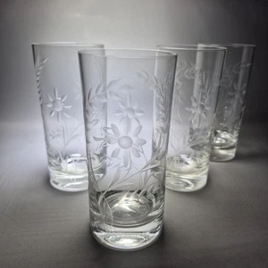 4x Vintage Etched Flower Crystal Highball Glasses 5½" 14cm Tall 300ml Leaves  - Picture 1 of 11