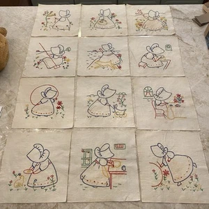 12 Vtg Sunbonnet Sue Quilt Blocks Hand Sewn Size 8.5" x 9” 1940’s-50’s READ - Picture 1 of 16