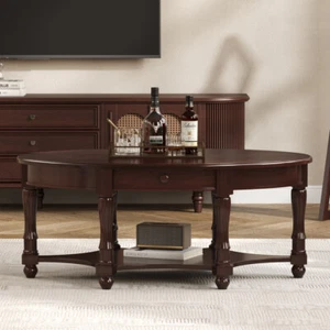 Vintage Oval Coffee Table French Country Accent Table w/ Drawer & Storage Shelf - Picture 1 of 120