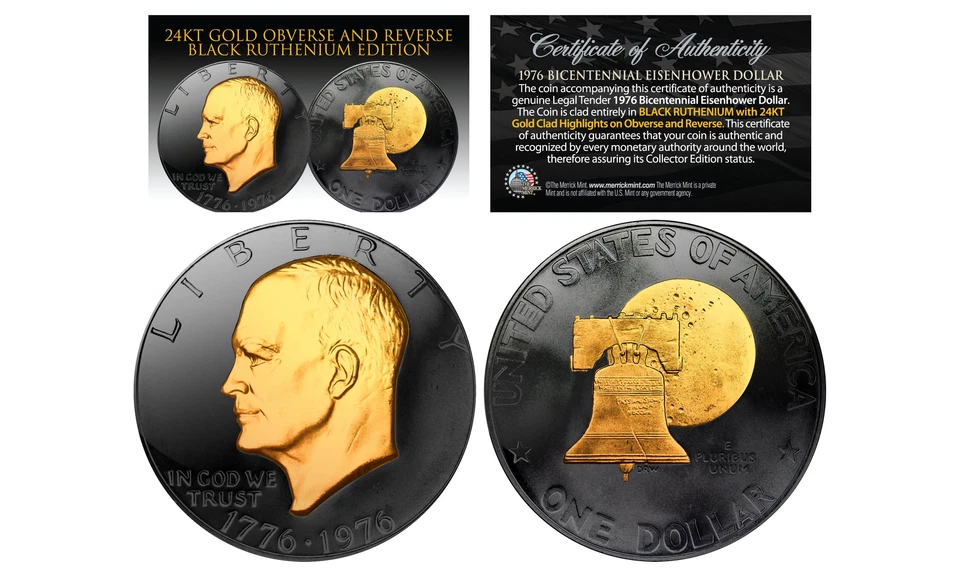 1976 RUTÊNIO PRETO Bicentenário Dólar Eisenhower com OURO 24K características 2 lados - Imagem 1 de 1
