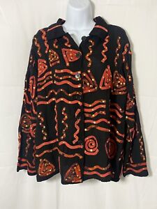 Original Anthony black button up sequin orange primitive patterns, size small