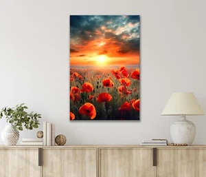 Field Of Red Poppies with The Sun Setting 40x60cm Canvas or Metal Print Wall Art - Picture 1 of 4