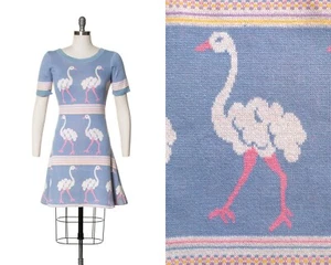Vintage 1970s 70s ALLEY CAT BETSEY JOHNSON Novelty Knit Blue Bird Sweater Dress - Picture 1 of 8
