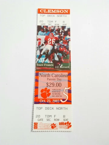 2003 Clemson Tigers North Carolina Football Full Unused Ticket Stub Cover