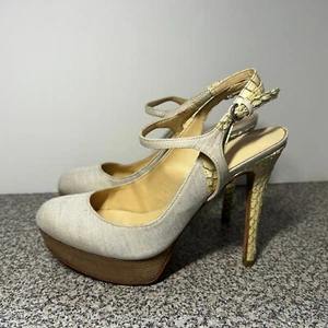 IVANKA TRUMP Beige Platform Sling Back Snakeskin Canvas Stiletto Pumps Size 6 - Picture 1 of 10
