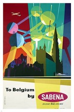 sabena airline VINTAGE TRAVEL POSTER helicopter atomium BRIGHT NEW 24X36 